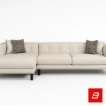 Modern minimalist living room interior showcasing a beige fabric tufted l-shape sectional sofa with patterned accent pillows, dark wood legs, and a vertical wood wall panel with circular wall sconce by Bahoo Furniture UAE