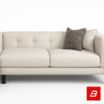 Modern minimalist living room interior showcasing a beige fabric tufted l-shape sectional sofa with patterned accent pillows, dark wood legs, and a vertical wood wall panel with circular wall sconce by Bahoo Furniture UAE