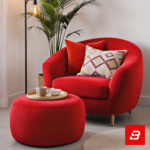 Modern cozy living room setup featuring a plush curved lounge armchair with a matching round ottoman stool and standing lamp by Bahoo Furniture UAE