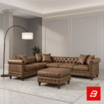 Opulent classic living room interior featuring a beige tufted chesterfield l-shape sectional sofa with matching tufted ottoman, rolled arms, nailhead trim, and a modern arc floor lamp by Bahoo Furniture UAE