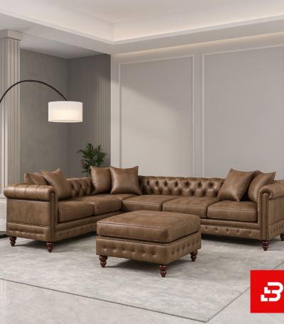 Opulent classic living room interior featuring a beige tufted chesterfield l-shape sectional sofa with matching tufted ottoman, rolled arms, nailhead trim, and a modern arc floor lamp by Bahoo Furniture UAE