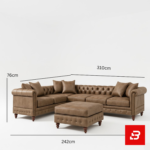 Opulent classic living room interior featuring a beige tufted chesterfield l-shape sectional sofa with matching tufted ottoman, rolled arms, nailhead trim, and a modern arc floor lamp by Bahoo Furniture UAE