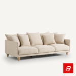 Studio product render of a modern luxury beige fabric 3-seater sofa with turned wooden feet and abundant scatter back cushions by Bahoo Furniture UAE