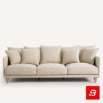 Studio product render of a modern luxury beige fabric 3-seater sofa with turned wooden feet and abundant scatter back cushions by Bahoo Furniture UAE