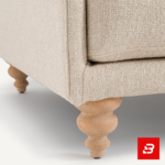 Studio product render of a modern luxury beige fabric 3-seater sofa with turned wooden feet and abundant scatter back cushions by Bahoo Furniture UAE
