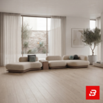 Sunlit minimal living room interior showcasing a sweeping curved modular sectional sofa upholstered in soft beige bouclé fabric with a wooden console table and sheer curtains by Bahoo Furniture UAE
