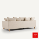 Studio product render of a modern luxury beige fabric 3-seater sofa with turned wooden feet and abundant scatter back cushions by Bahoo Furniture UAE