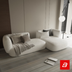 Minimalist modern living room interior showcasing an off white bouclé curved modular sectional sofa styled with cozy throw blankets, scatter pillows, and a contemporary floor lamp by Bahoo Furniture UAE
