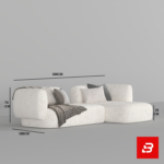 Minimalist modern living room interior showcasing an off white bouclé curved modular sectional sofa styled with cozy throw blankets, scatter pillows, and a contemporary floor lamp by Bahoo Furniture UAE