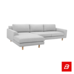 Studio product render of a modern luxury warm gray fabric l-shape sectional sofa with chaise lounge and solid wooden tapered legs against a clean white background by Bahoo Furniture UAE