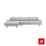 Studio product render of a modern luxury warm gray fabric l-shape sectional sofa with chaise lounge and solid wooden tapered legs against a clean white background by Bahoo Furniture UAE
