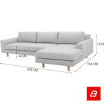 Studio product render of a modern luxury warm gray fabric l-shape sectional sofa with chaise lounge and solid wooden tapered legs against a clean white background by Bahoo Furniture UAE