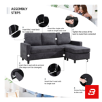 Bright modern living room interior showcasing a warm gray fabric l-shape sectional sofa with matching footrest ottoman, patterned botanical scatter pillows, a wooden coffee table, and a fireplace mantel by Bahoo Furniture UAE