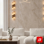 Grand double-height living room interior showcasing a luxury l-shape sectional sofa upholstered in soft off white bouclé fabric with a modern ring chandelier and marble coffee table by Bahoo Furniture UAE