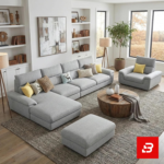 Spacious luxury living room featuring a gray fabric l-shape sectional sofa set with matching ottoman, armchair, and round wooden coffee table by Bahoo Furniture UAE