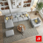 Spacious luxury living room featuring a gray fabric l-shape sectional sofa set with matching ottoman, armchair, and round wooden coffee table by Bahoo Furniture UAE