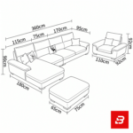 Spacious luxury living room featuring a gray fabric l-shape sectional sofa set with matching ottoman, armchair, and round wooden coffee table by Bahoo Furniture UAE