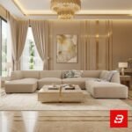 Opulent modern luxury living room interior showcasing a grand u-shape sectional sofa upholstered in soft beige bouclé fabric featuring dual chaise ends and gold-accented decor by Bahoo Furniture UAE