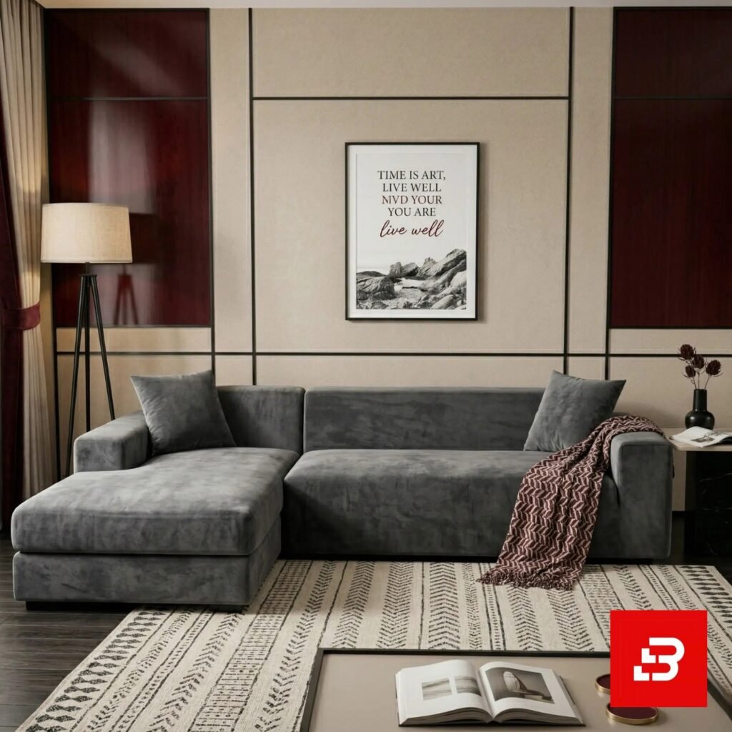 Sophisticated modern living room interior showcasing a luxury l-shape sectional sofa upholstered in soft warm gray velvet featuring matching throw pillows and a patterned throw blanket by Bahoo Furniture UAE
