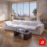 Luxurious modern living room interior showcasing a large luxury modular sofa upholstered in soft off white textured fabric featuring deep cushions and an attached chaise lounge by Bahoo Furniture UAE