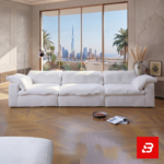 Luxurious modern living room interior showcasing a large luxury modular sofa upholstered in soft off white textured fabric featuring deep cushions and an attached chaise lounge by Bahoo Furniture UAE