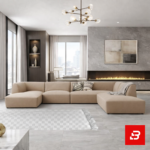 Opulent modern luxury living room interior showcasing a grand u-shape sectional sofa upholstered in soft beige bouclé fabric featuring dual chaise ends and gold-accented decor by Bahoo Furniture UAE