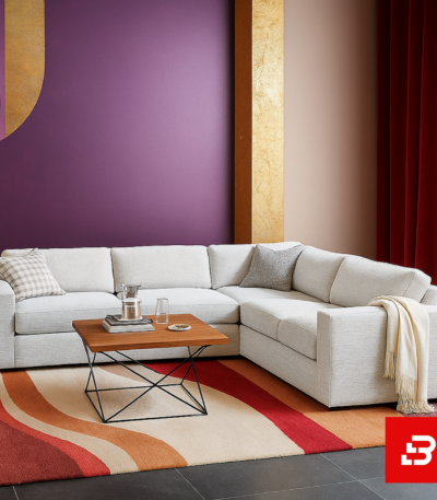 Sophisticated modern living room interior showcasing a luxury l-shape sectional sofa upholstered in rich beige textured fabric featuring plush cushions and an arched paneled wall backdrop by Bahoo Furniture UAE
