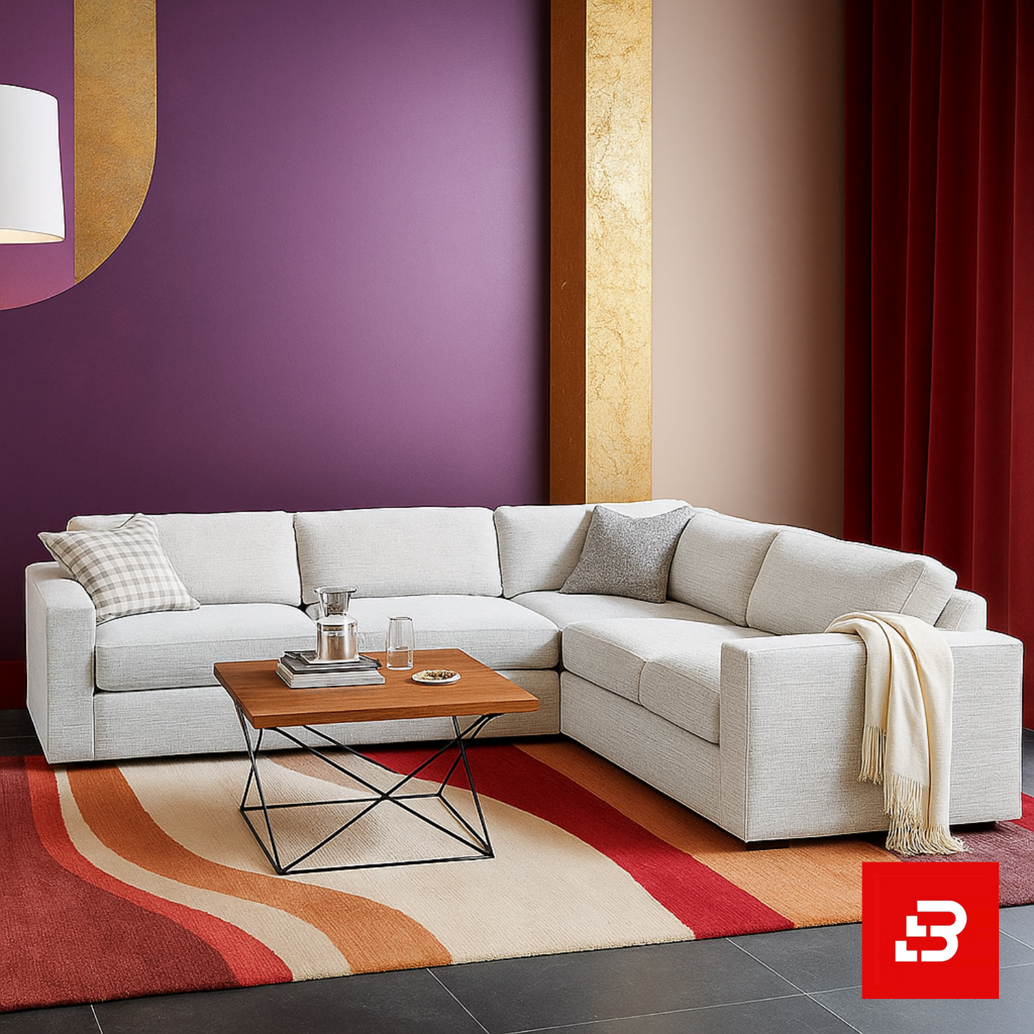 Bahoo Luxury L-Shape Sectional Sofa Upholstered - Bahoo Furniture Sophisticated modern living room interior showcasing a luxury l-shape sectional sofa upholstered in rich beige textured fabric featuring plush cushions and an arched paneled wall backdrop by Bahoo Furniture UAE