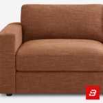 Sophisticated modern living room interior showcasing a luxury l-shape sectional sofa upholstered in rich beige textured fabric featuring plush cushions and an arched paneled wall backdrop by Bahoo Furniture UAE