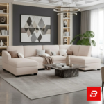 Bright and airy open-concept modern living room interior showcasing a grand u-shape sectional sofa upholstered in soft off white fabric featuring dual chaise ends and decorative throw pillows by Bahoo Furniture UAE