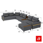 Sleek modern luxury living room interior showcasing an extensive modular sectional sofa upholstered in soft warm gray fabric featuring integrated armrest storage pockets and matching ottomans by Bahoo Furniture UAE