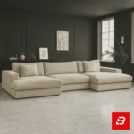 Sophisticated modern living room interior showcasing an expansive u-shape sectional sofa upholstered in rich beige textured fabric with dual chaise lounge ends against dark accent walls by Bahoo Furniture UAE