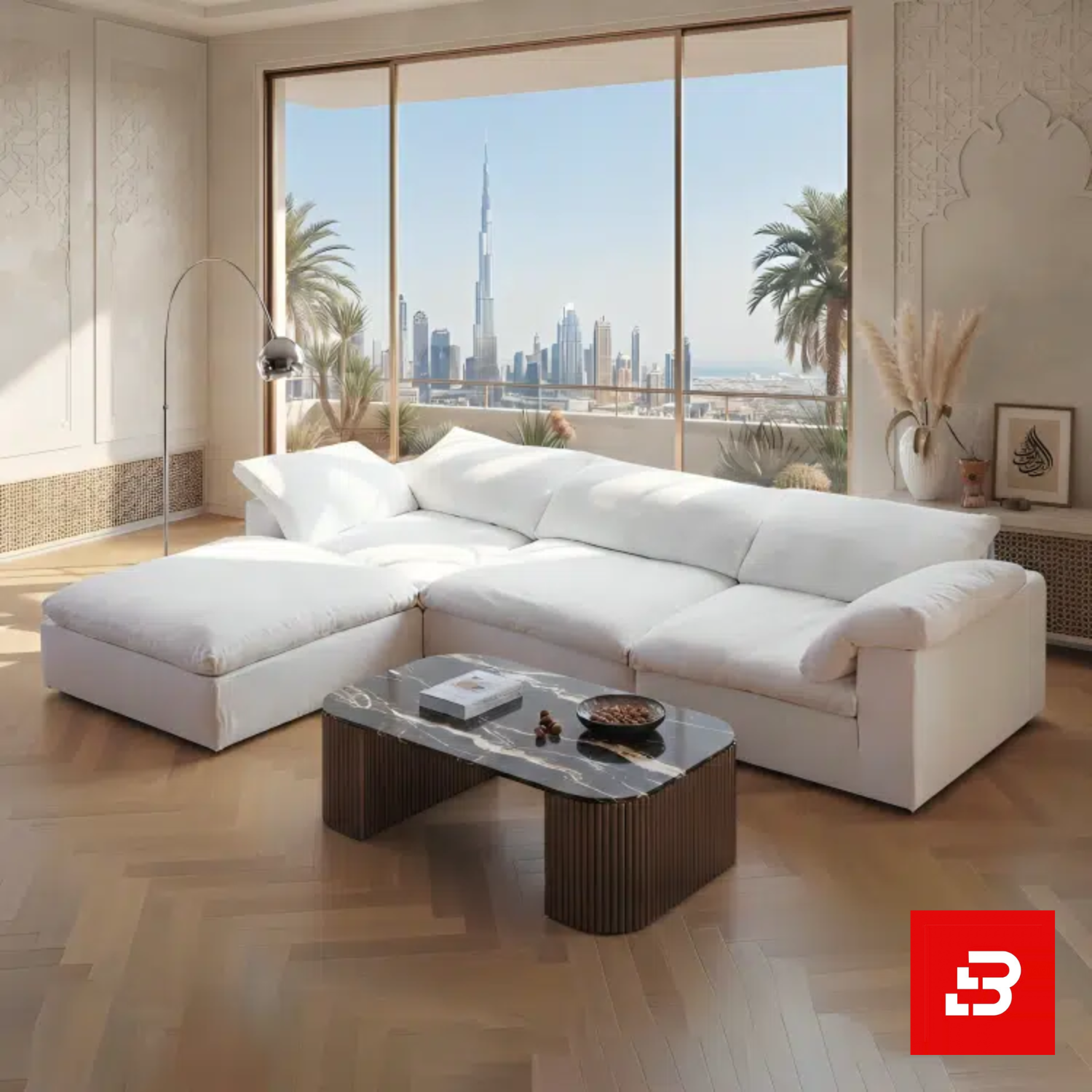 Bahoo Luxury Modular Sofa Upholstered - Bahoo Furniture Luxurious modern living room interior showcasing a large luxury modular sofa upholstered in soft off white textured fabric featuring deep cushions and an attached chaise lounge by Bahoo Furniture UAE