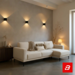 Warm and ambient modern living room interior showcasing a sleek l-shape sectional sofa upholstered in soft beige fabric paired with a matching chaise lounge against textured beige walls by Bahoo Furniture UAE