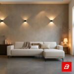 Warm and ambient modern living room interior showcasing a sleek l-shape sectional sofa upholstered in soft beige fabric paired with a matching chaise lounge against textured beige walls by Bahoo Furniture UAE