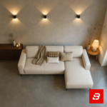Warm and ambient modern living room interior showcasing a sleek l-shape sectional sofa upholstered in soft beige fabric paired with a matching chaise lounge against textured beige walls by Bahoo Furniture UAE