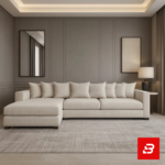 Elegant modern living room interior showcasing a sleek l-shape sectional sofa upholstered in soft beige fabric with multiple matching back cushions and a chaise lounge against paneled taupe walls by Bahoo Furniture UAE
