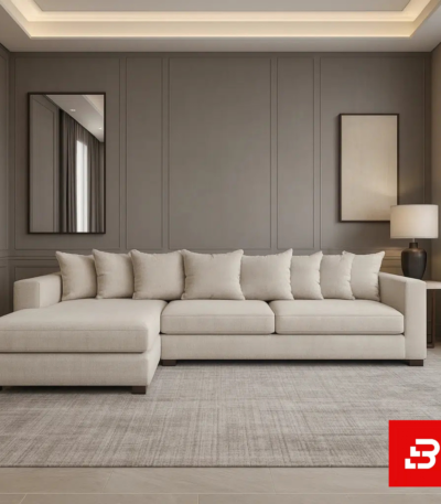 Elegant modern living room interior showcasing a sleek l-shape sectional sofa upholstered in soft beige fabric with multiple matching back cushions and a chaise lounge against paneled taupe walls by Bahoo Furniture UAE