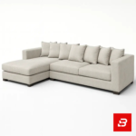 Elegant modern living room interior showcasing a sleek l-shape sectional sofa upholstered in soft beige fabric with multiple matching back cushions and a chaise lounge against paneled taupe walls by Bahoo Furniture UAE