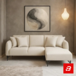Cozy and minimalist modern living room interior showcasing a compact l-shape sectional sofa upholstered in soft off white fabric paired with a matching chaise lounge and abstract wall art by Bahoo Furniture UAE