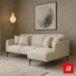 Cozy and minimalist modern living room interior showcasing a compact l-shape sectional sofa upholstered in soft off white fabric paired with a matching chaise lounge and abstract wall art by Bahoo Furniture UAE