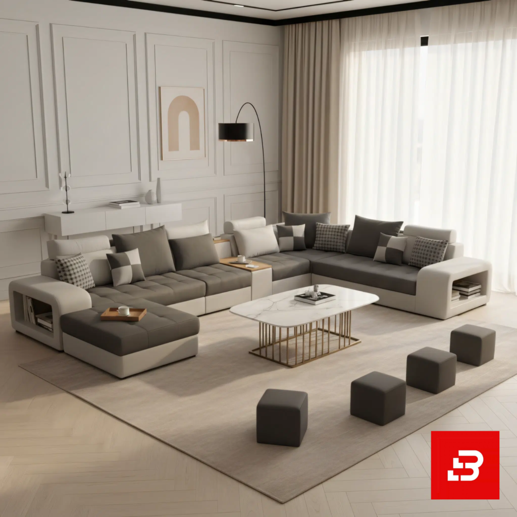 Grand modern luxury living room interior showcasing an expansive u-shape sectional sofa upholstered in soft warm gray and off white fabric featuring integrated armrest storage and matching stools by Bahoo Furniture UAE