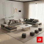 Grand modern luxury living room interior showcasing an expansive u-shape sectional sofa upholstered in soft warm gray and off white fabric featuring integrated armrest storage and matching stools by Bahoo Furniture UAE