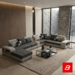 Grand modern luxury living room interior showcasing an expansive u-shape sectional sofa upholstered in soft warm gray and off white fabric featuring integrated armrest storage and matching stools by Bahoo Furniture UAE