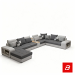 Grand modern luxury living room interior showcasing an expansive u-shape sectional sofa upholstered in soft warm gray and off white fabric featuring integrated armrest storage and matching stools by Bahoo Furniture UAE