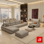 Elegant modern luxury living room interior showcasing a spacious contemporary sectional sofa with an attached chaise lounge upholstered in soft warm gray fabric with matching orange accent cushions by Bahoo Furniture UAE