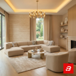 Opulent modern luxury living room interior showcasing a grand u-shape sectional sofa upholstered in soft beige bouclé fabric featuring dual chaise ends and gold-accented decor by Bahoo Furniture UAE
